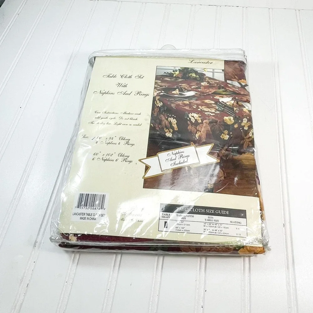 Vintage Floral Maroon Tablecloth Set - Retro Napkin Rings & Napkins